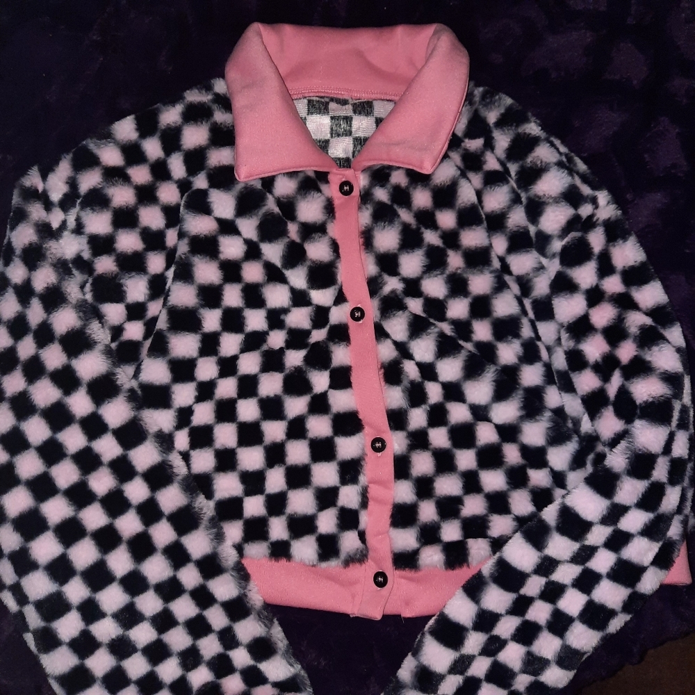 Checkered Contrast Trim Teddy Jacket